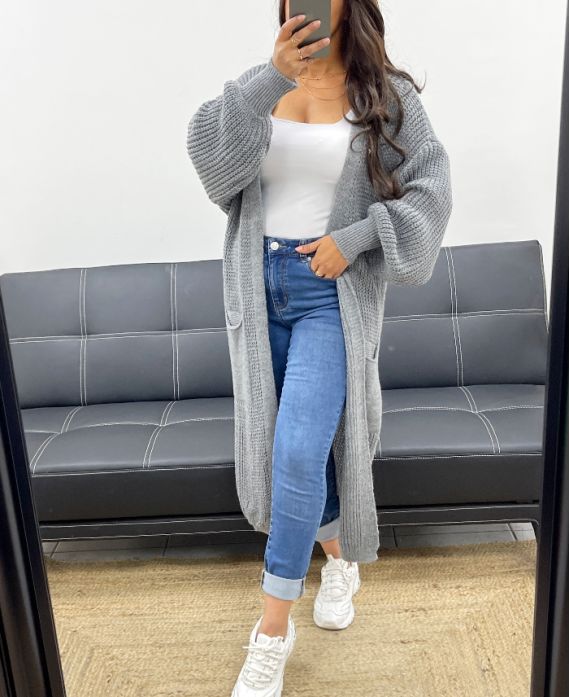 GILET LONG MAILLE 2 POCHES AH255171 GRIS FONCE