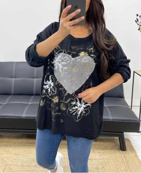 BI-MATERIAL TOP HEART SEQUINS PE0805 BLACK
