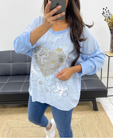 BI-MATERIAL TOP HEART SEQUINS PE0805 BLUE