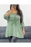 T-SHIRT AMPLE BI-MATIERE DENTELLE ETOILE PE1696 KAKI
