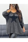 T-SHIRT AMPLE BI-MATIERE DENTELLE ETOILE PE1696 NOIR