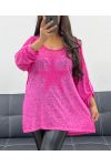 T-SHIRT AMPLE BI-MATIERE DENTELLE ETOILE PE1696 FUSHIA