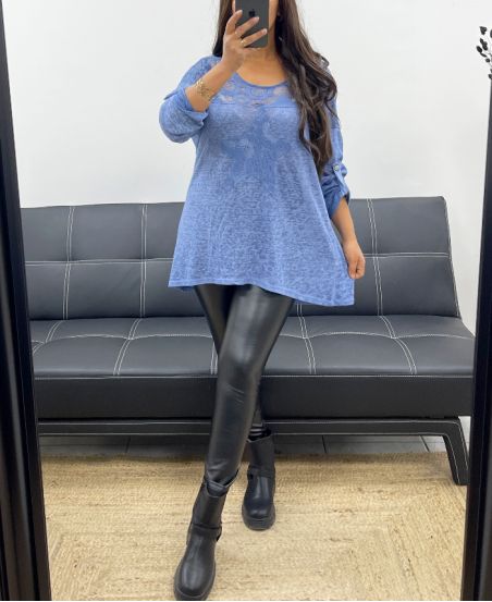 T-SHIRT AMPLE BI-MATIERE DENTELLE ETOILE PE1696 BLEU
