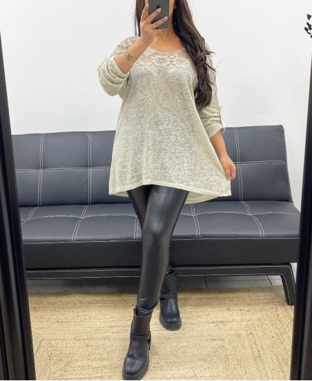 T-SHIRT BI-MATERIALE IN PIZZO STAR PE1696 BEIGE