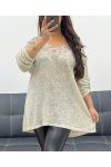 T-SHIRT AMPLE BI-MATIERE DENTELLE ETOILE PE1696 BEIGE