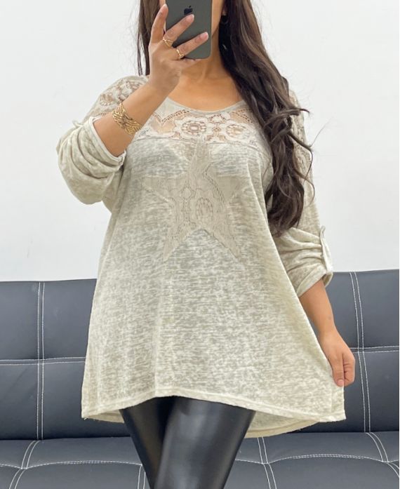 T-SHIRT AMPLE BI-MATIERE DENTELLE ETOILE AH251696 BEIGE www