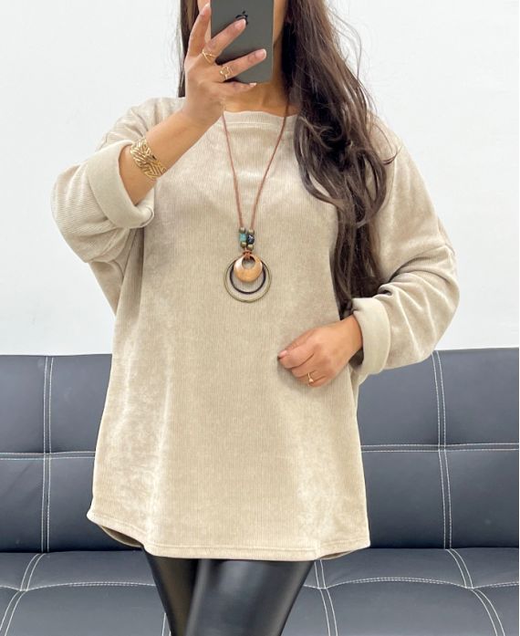 PULL AMPLE VELOURS + COLLIER OFFERT AH255038 BEIGE