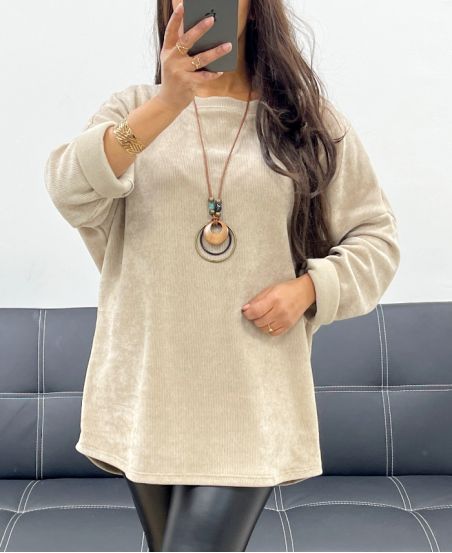 LUŹNY AKSAMITNY SWETER + NASZYJNIK AH255038 BEŻOWY