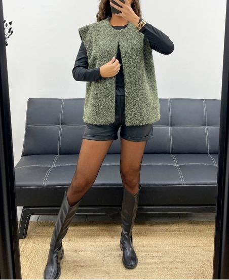 CHAQUETA DE LANA DE PELO SUAVE 2 BOLSILLOS AH555019 CAQUI