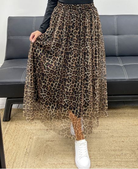 DŁUGA SPÓDNICA Z TIULU W PANTERKĘ AH2555068 BEŻOWA