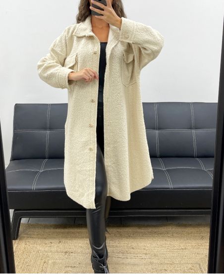 DŁUGA KOSZULA WIERZCHNIA Z EFEKTEM WEŁNY KRĘCONE AH2555031 BEŻOWE