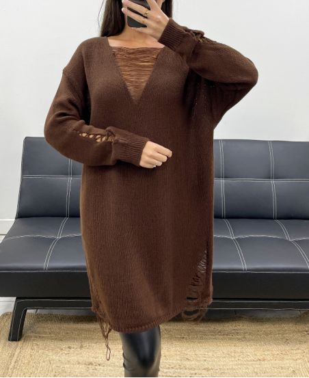 DESTROY AH255200 CZEKOLADOWY SWETER Z SUKIENKĄ