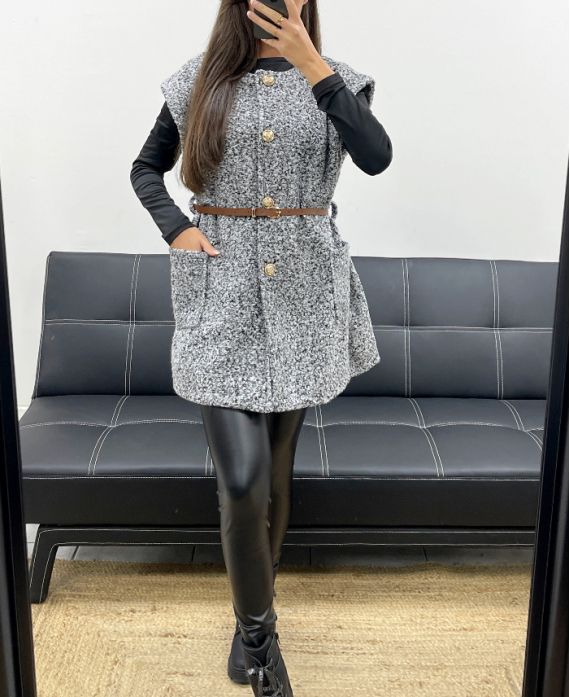 CHAQUETA SIN MANGAS DE LANA CON LAZO + CINTURÓN AH255226 GRIS