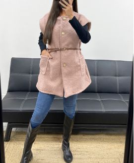 SLEEVELESS JACKET WITH CURLY WOOL + PINK AH255226 BELT