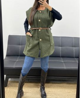SLEEVELESS JACKET WITH CURLY WOOL + BELT AH255226 KHAKI