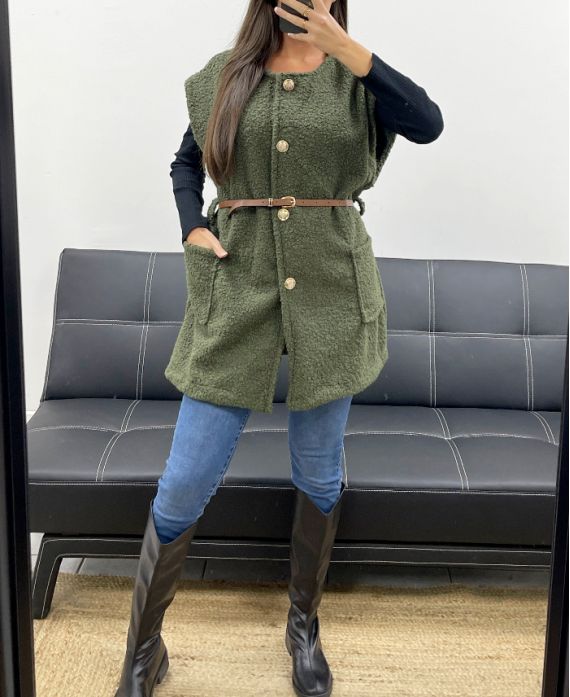 ÄRMELLOSE JACKE MIT LOCKIGER WOLLE + GÜRTEL AH255226 KHAKI