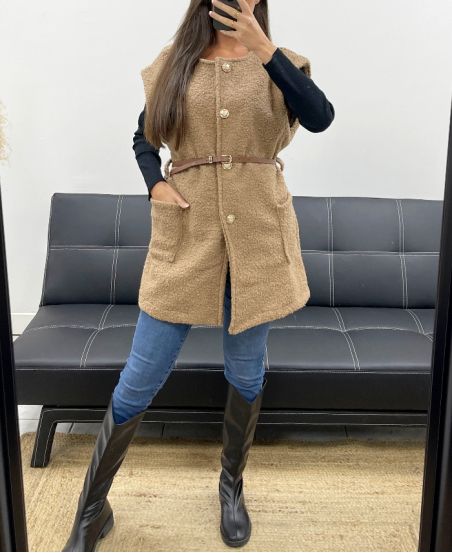VESTE SANS MANCHES LAINE BOUCLEE + CEINTURE AH255226 CAMEL