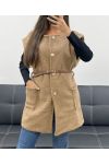 SLEEVELESS JACKET IN BUCKLED WOOL + BELT AH255226 CAMEL