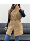 SLEEVELESS JACKET IN BUCKLED WOOL + BELT AH255226 CAMEL