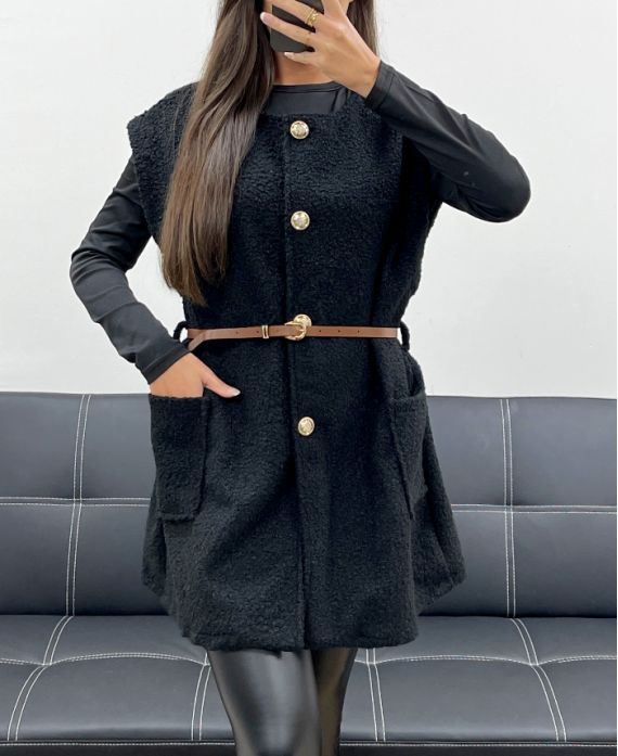 SLEEVELESS JACKET IN CURLY WOOL + BELT AH255226 BLACK