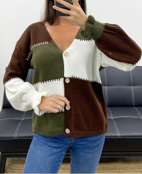 ELEGANCKA WIELOKOLOROWA KAMIZELKA Z DZIANINY AH5162 KHAKI