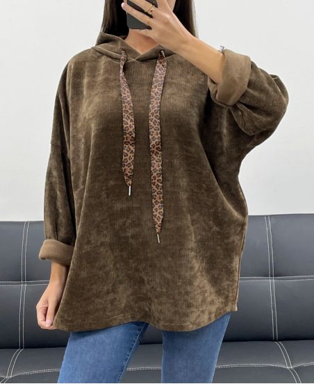 PULL A CAPUCHE VELOURS LEOPARD AH255197 CHOCOLAT