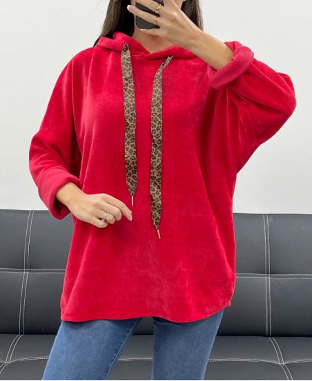 PULL A CAPUCHE VELOURS LEOPARD AH255197 ROUGE