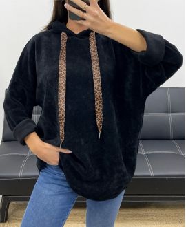 SUDADERA CON CAPUCHA DE TERCIOPELO DE LEOPARDO AH255197 NEGRO