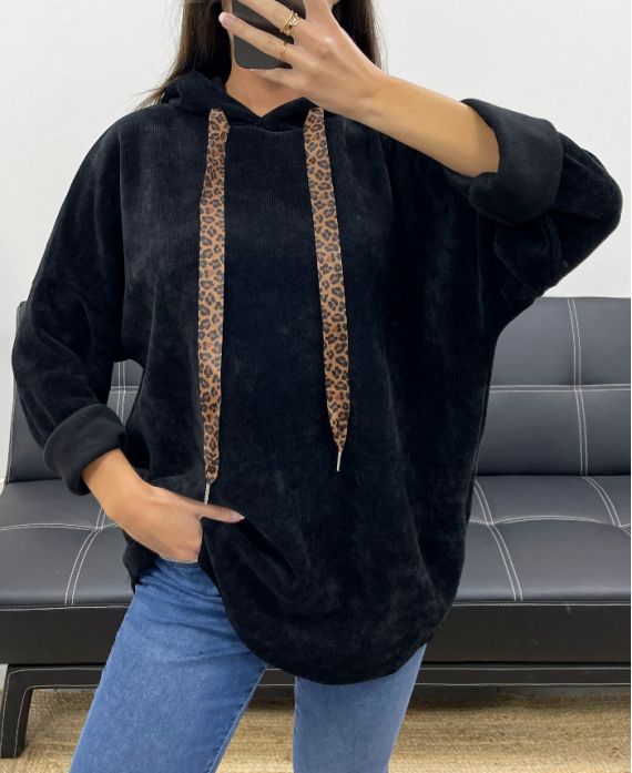 SUDADERA CON CAPUCHA DE TERCIOPELO DE LEOPARDO AH255197 NEGRO