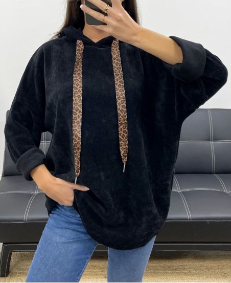SUDADERA CON CAPUCHA DE TERCIOPELO DE LEOPARDO AH255197 NEGRO