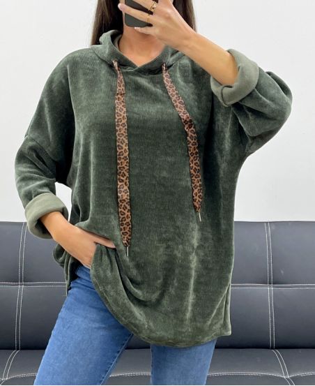 BLUZA Z KAPTUREM LEOPARD VELVET AH255197 W KOLORZE KHAKI