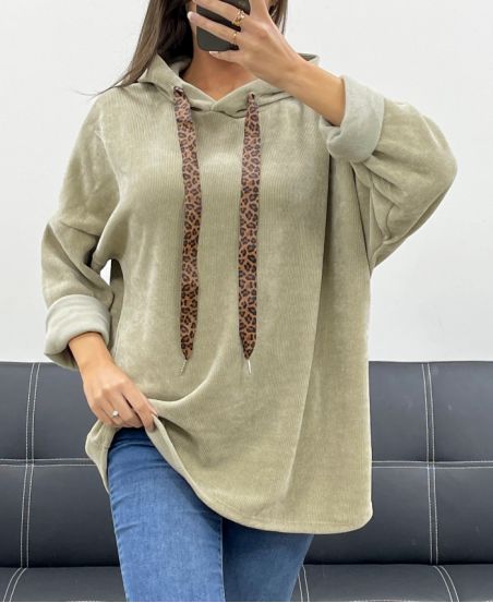 BLUZA Z KAPTUREM LEOPARD VELVET AH255197 CIEMNYM BEŻU