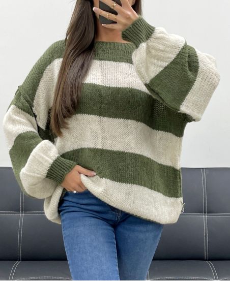 OVERSIZOWY SWETER W PASKI AH255212 KHAKI