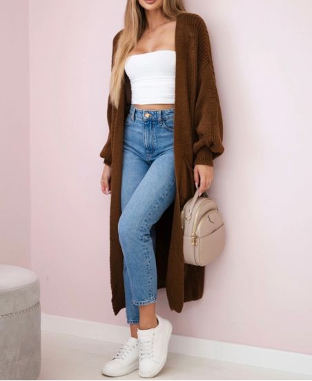 DŁUGI KARDIGAN Z 2 KIESZENIAMI AH255171 CZEKOLADOWY BEŻ