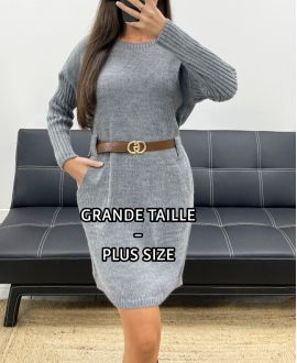 VESTIDO TALLA GRANDE - JERSEY DE PUNTO + CINTURÓN AH255227 GRIS