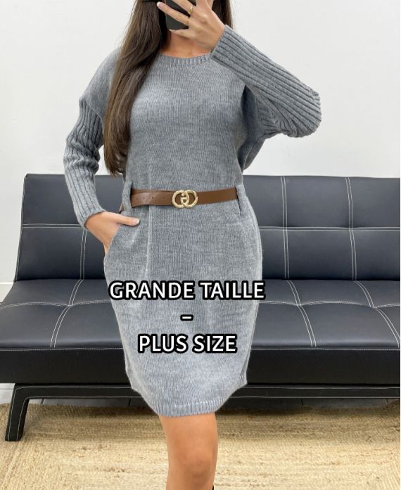 VESTIDO TALLA GRANDE - JERSEY DE PUNTO + CINTURÓN AH255227 GRIS
