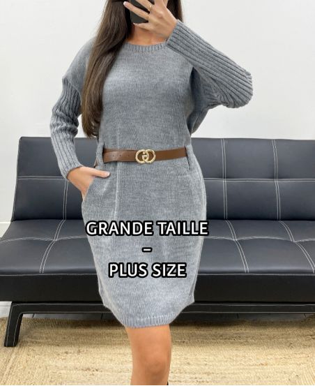 SUKIENKA PLUS SIZE - DZIANINOWY SWETER + PASEK AH255227 SZARY