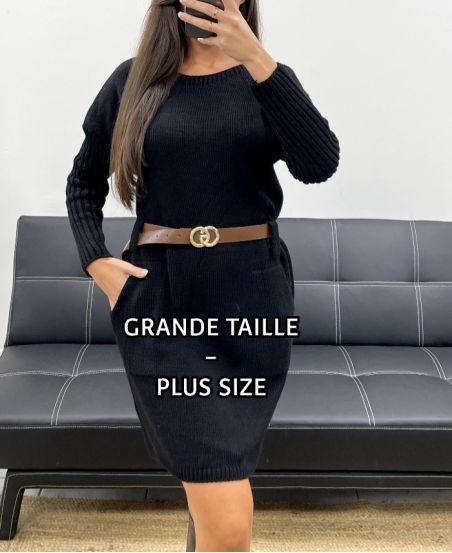 SUKIENKA PLUS SIZE - SWETER Z DZIANINY + PASEK AH255227