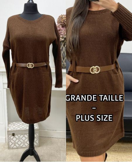 SUKIENKA PLUS SIZE - SWETER Z DZIANINY + CZEKOLADOWY AH255227 PASEK