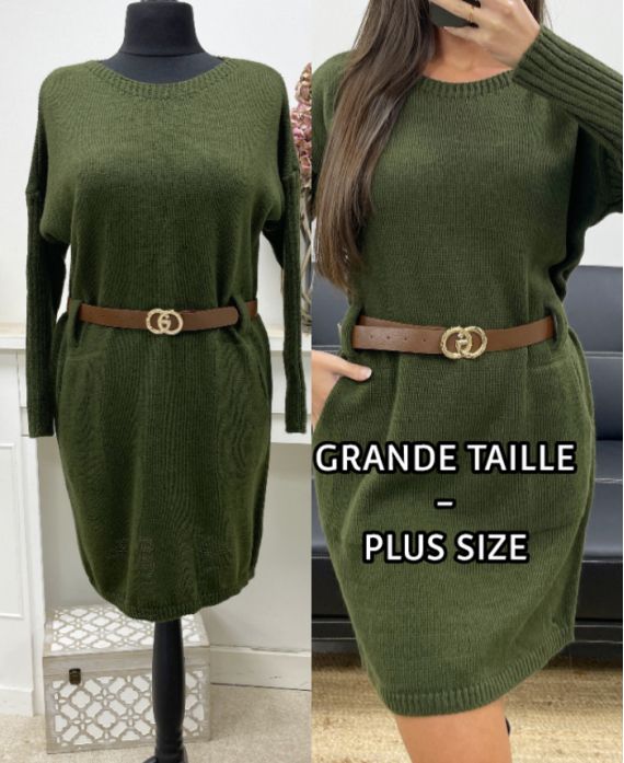 VESTIDO DE TALLA GRANDE - JERSEY DE PUNTO + CINTURÓN AH255227 CAQUI