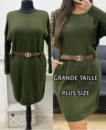 SUKIENKA PLUS SIZE - SWETER Z DZIANINY + PASEK AH255227 KHAKI