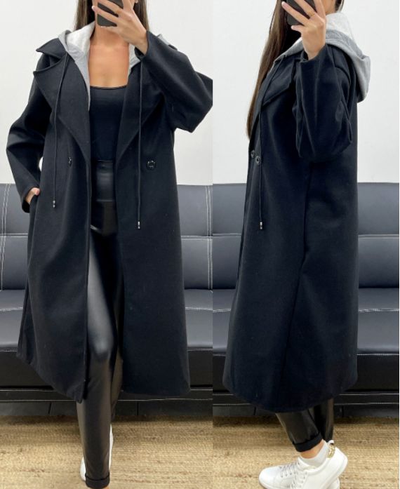 CAPPOTTO CON CAPPUCCIO EFFETTO 2 IN 1 AH255247 NERO