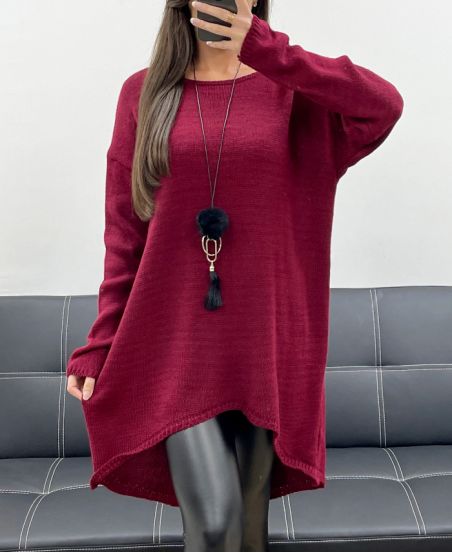 ASYMETRYCZNY DŁUGI SWETER OVERSIZE + COLIER AH255254 BORDOWY
