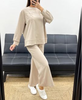 CONJUNTO DE SUDADERA OVERSIZE LOVE + PANTALÓN DE 2 BOLSILLOS AH255260 BEIGE