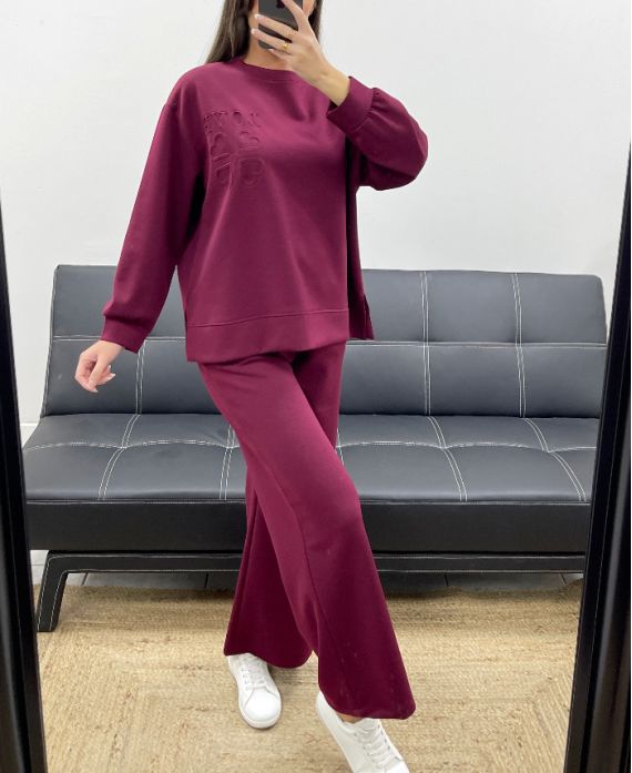 CONJUNTO DE SUDADERA OVERSIZE LOVE + PANTALÓN DE 2 BOLSILLOS AH255260 BURDEOS