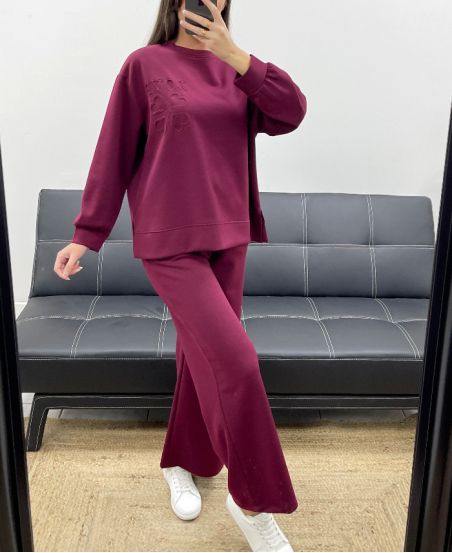 CONJUNTO DE SUDADERA OVERSIZE LOVE + PANTALÓN DE 2 BOLSILLOS AH255260 BURDEOS