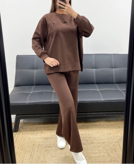 KOMPLET BLUZY LOVE OVERSIZE + SPODNIE 2 KIESZENIE AH255260 CZEKOLADA