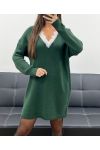 VESTIDO DE PUNTO CON ESCOTE DE ENCAJE AH36258 VERDE