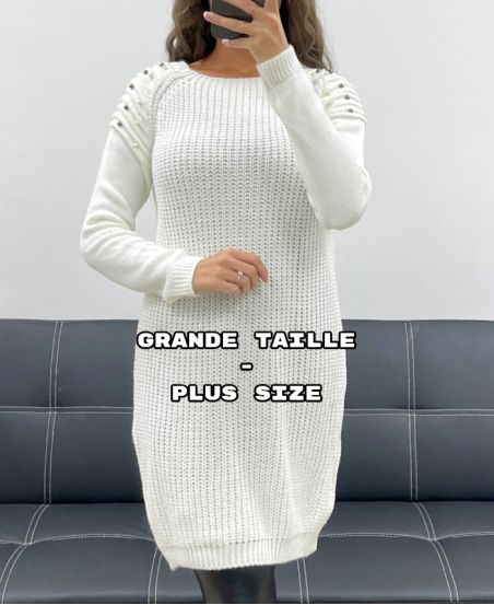 PLUS SIZE ABITO MAGLIONE IN MAGLIA CON PERLINE AH36299 BIANCO