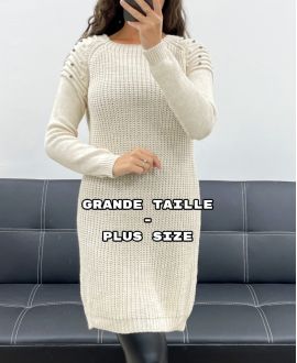 PLUS SIZE ABITO MAGLIONE IN MAGLIA CON PERLINE AH36299 BEIGE